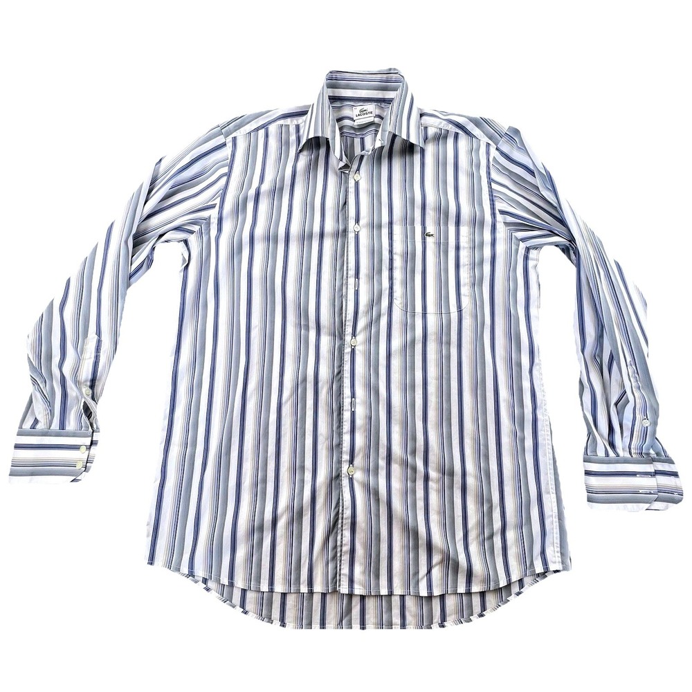 Lacoste Mens Striped Button Down Shirt‎ Size 42 Blue Gray White Cotton Stretch